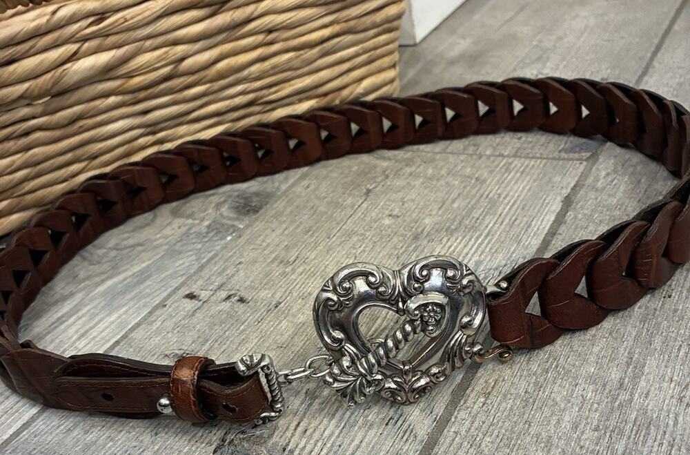 Vtg 90s Western Heart Arrow Buckle Braided Leather Belt Plaited Cognac M